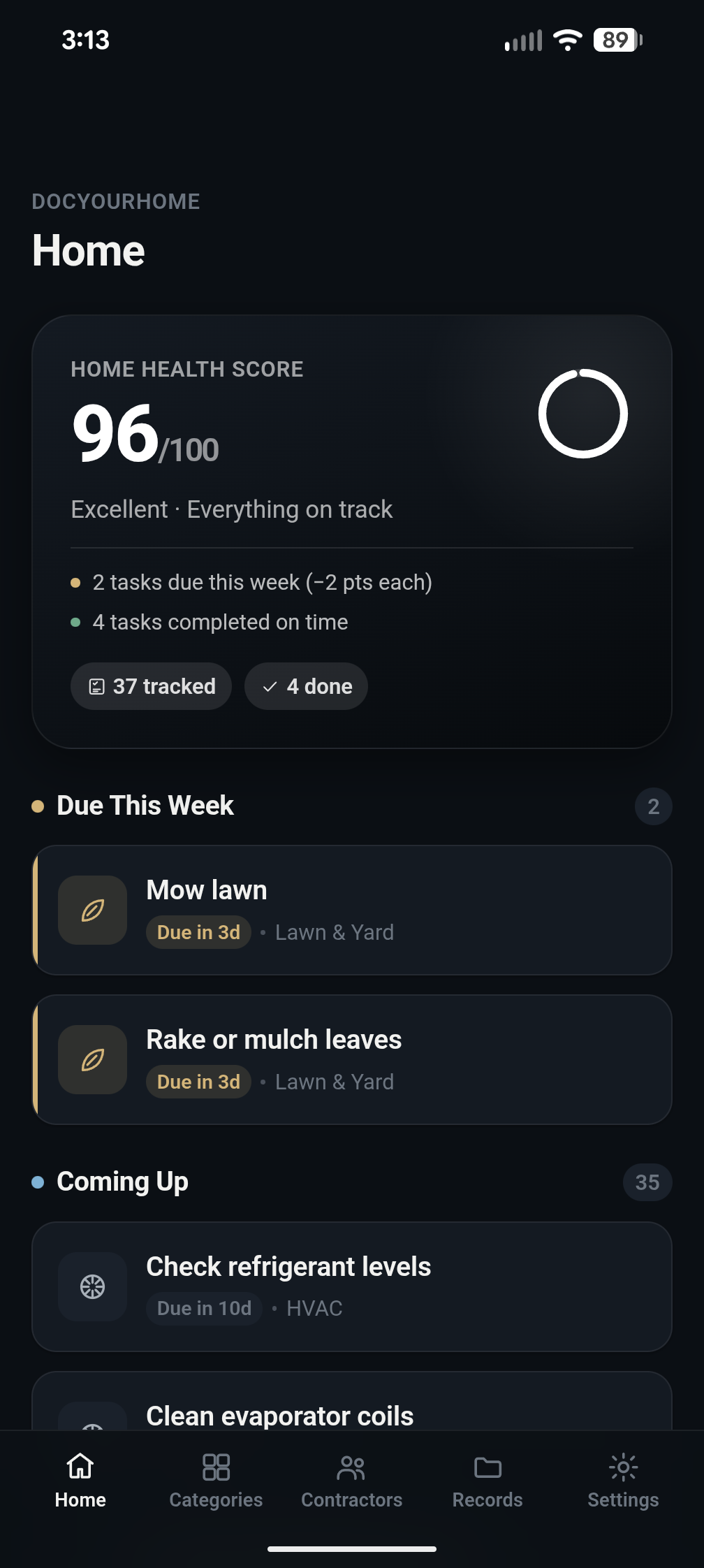 DocYourHome dashboard showing Home Health Score 96/100, due tasks, and maintenance history